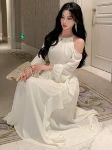 DAZY Đầm dài tay màu trơn dành cho nữ, cổ bèo nhún, khoét eo, thanh lịch, thích hợp cho sinh nhật, đêm giao thừa, dạ hội, trang phục mùa thu, trang phục đi học. - trắng - Xem 3