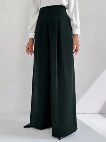 Modelyn Quần ống rộng dáng rộng xếp ly lưng cao màu trơn thanh lịch cho nữ - Màu xanh lá cây đậm - Xem 1