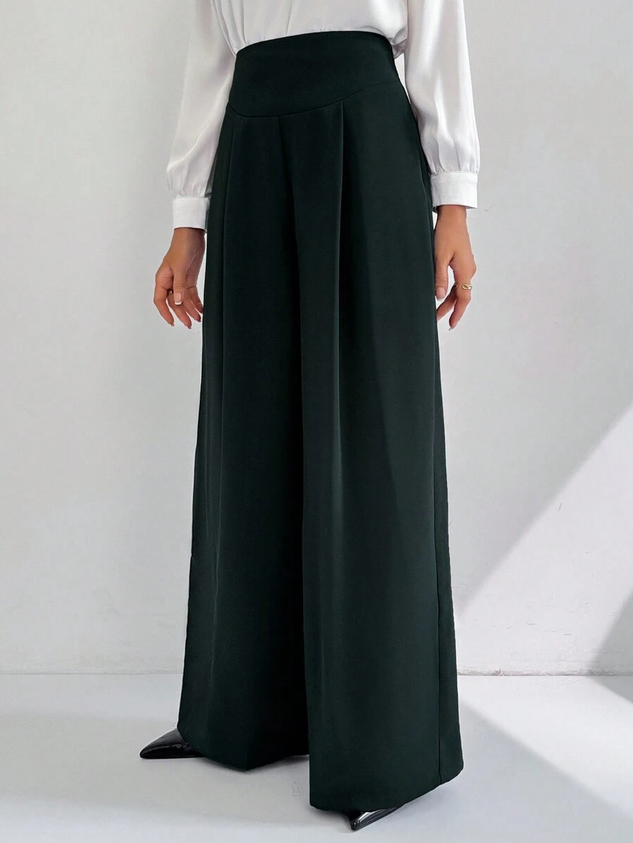 Modelyn Quần ống rộng dáng rộng xếp ly lưng cao màu trơn thanh lịch cho nữ - Màu xanh lá cây đậm - Xem 1