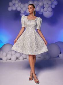 SHEIN Belle Elegant Women's Metallic Glitter & Fuzzy Trim Sexy Crop Top Cocktail Party Dress, Prom Semi Formal Dress, For Birthday, Wedding Guest, Graduation, Dinner, Homecoming