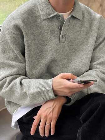 Manfinity Hypemode Herren einfarbiger gestrickter Langarm Lässig Pullover mit Kragen, Herbst/Winter, für Urlaub, Freunde