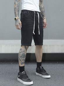 Manfinity EMRG Men's Drawstring Waist Flap Pockets Bermuda Casual Denim Shorts - Black - View 7