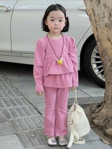 DAZY 2pcs/Set Young Girl Solid Color Crew Neck Long Sleeve Ruffle Hem Top And Pants Casual Outfit, Spring Autumn