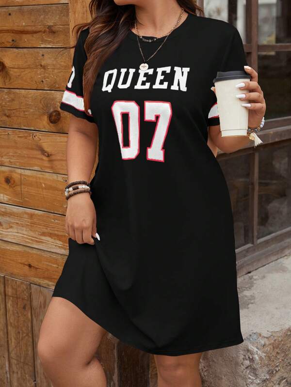 SHEIN LUNE Plus Size Women's Summer Letter Print Crew Neck Short Sleeve Casual T-Shirt Dress