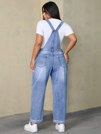 SHEIN ICON Plus Size Women's Summer Pocket Casual Versatile Denim Bib Overalls