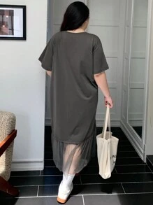 Dazy Plus Plus Size Midi Length T-Shirt Style Mesh Patchwork Dress, Spring/Summer Sundress,Casual Women Dresses - Grey - View 2