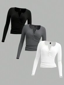 SHEIN EZwear 3-Pack Women Solid Knit Button Half Placket Long Sleeve Casual T-Shirt, Spring/Summer