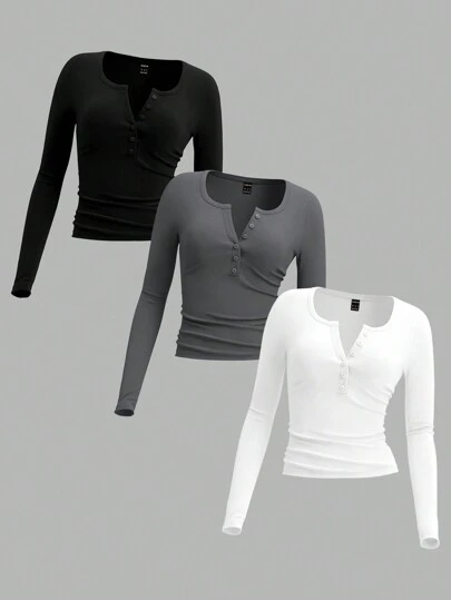 SHEIN EZwear Camiseta casual de manga larga con botones y media tapeta, de punto, de un solo color, para mujer, primavera/verano
