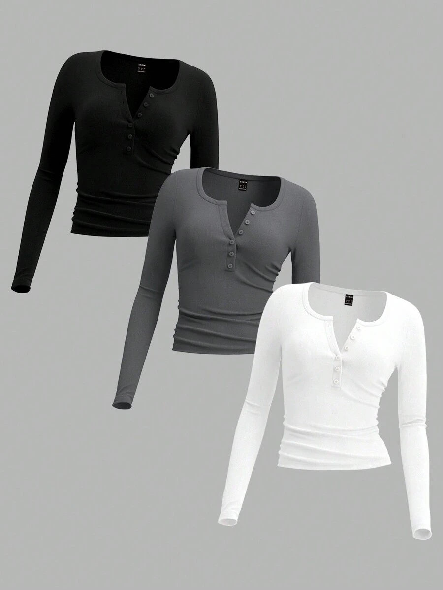 SHEIN EZwear 3-Pack Women Solid Knit Button Half Placket Long Sleeve Casual T-Shirt, Spring/Summer