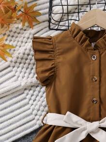SHEIN Elladie kids 年轻女孩荷叶边蝴蝶结装饰休闲连衣裙，适合 4-7 岁女孩，外出、聚会、旅行、时尚经典 - 棕色 - 查看 6