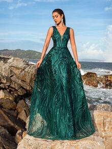 Faeriesty Elegant Women's Sleeveless Deep V-Neckline Maxi Party Gown |Sparkly Sequined Positioning Pattern , Perfect For Spring Weddings, Garden Parties, Outdoor Woodland Celebrations, Romantic Dinners, Formal Portrait Photoshoot, Lakeside Gatherings & Ethereal Evening Galas, Homecoming & Graduation Dress , Birthday Women Outfits,Spring Dresses Summer Outfits - Dark Green - View 6
