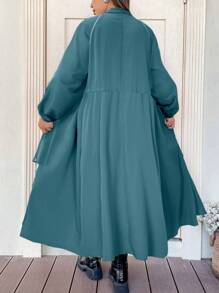 Flirla Plus Size Nữ Màu Trơn Raglan Tay Dài Tay Dây Rút Eo Dáng Rộng Áo Khoác Dài, Mùa Xuân & Mùa Thu - Màu xanh bụi bặm - Xem 1