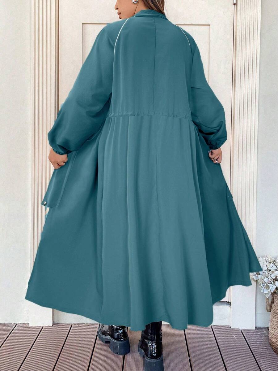 Flirla Plus Size Nữ Màu Trơn Raglan Tay Dài Tay Dây Rút Eo Dáng Rộng Áo Khoác Dài, Mùa Xuân & Mùa Thu - Màu xanh bụi bặm - Xem 1