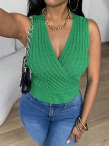Zolique New V-Neck Twist Rope Cropped Sleeveless Knitted Tank Top For Women, Green - Green - View 4