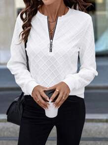 EMERY ROSE White Textured Knit Fabric Front Zip Up Crew Neck Sweatshirt For Women,Long Sleeve Tops In Fall/Winter - White - View 4