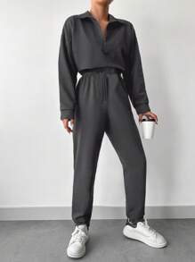 EURMUSE Women's Zipper Half Placket Sweatshirt And Pants Set - Dark Grey - View 4