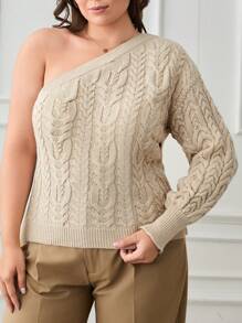 RueChic Plus Size One Shoulder Cable Knit Sweater - Apricot - View 4