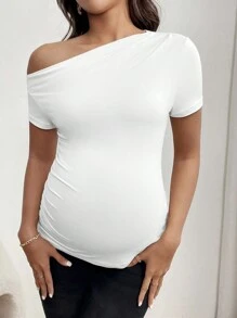 SHEIN 孕妇不对称领口褶皱短袖T恤