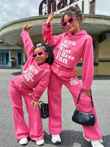 SHEIN Tween Girl Retro Knitted Long Sleeve Hoodie Set, Sibling Outfits And Me Matching Outfits (2 Sets Are Sold Separately), Fleece, Thickened - Hot Pink - View 2