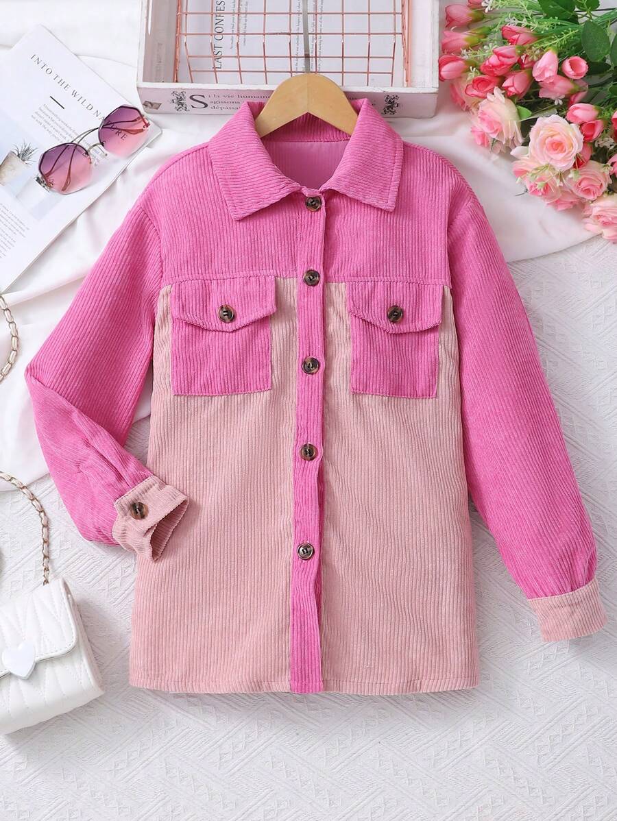 Tween Girls' Contrast Color Button Front Pocket Casual Long Sleeve Jacket - Hot Pink - View 1