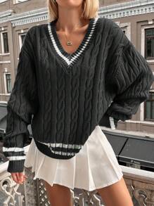 EURMUSE Plus Size Women's Color Block Edge College Style Sweater - Dark Grey - View 1