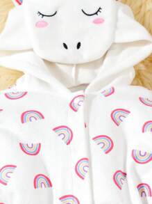 Pijama de bata larga con estampado de arcoíris simple blanco de manga larga y lazo frontal para niñas pequeñas