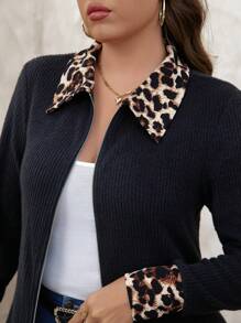 SHEIN Clasi Plus Size Leopard Patchwork Casual Jacket, Autumn/Winter Fall - Black - View 7