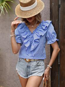 SHEIN LUNE Shirred Ruffled Plaid Casual Shirt