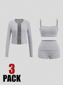 SHEIN Unity 罗纹面料抹胸和轻质开衫搭配超短紧身裤 - 灰色 - 查看 1