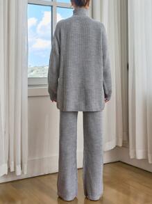 EURMUSE 休闲混色纱线高领宽松纯色毛衣和纯色阔腿毛衣裤 2 件套 - 灰色 - 查看 2