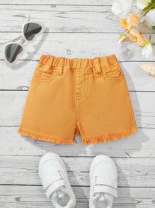 SHEIN Baby Girl Orange Denim Frayed Hem Shorts - Orange - View 1