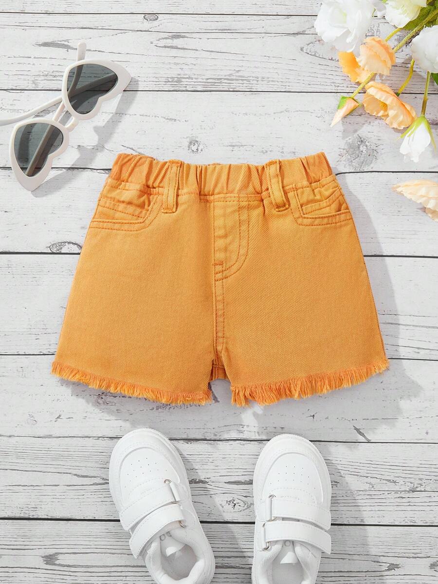SHEIN Baby Girl Orange Denim Frayed Hem Shorts - Orange - View 1