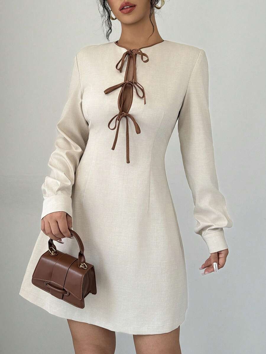 Selianne Vestido casual de manga larga con cordón y bloque de color para mujer, primavera/otoño - Albaricoque - Ver 1