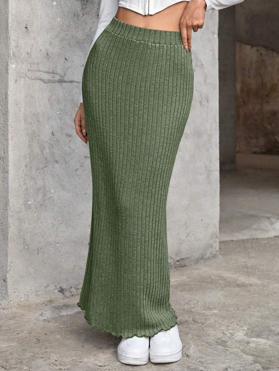 Muchica 黑色中长裙 生菜边饰罗纹针织半身裙 - 橄欖綠 - 查看 1