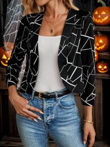 SHEIN LUNE 女士短款蜘蛛网印花夹克，适合秋季/万圣节 - 黑與白 - 查看 1