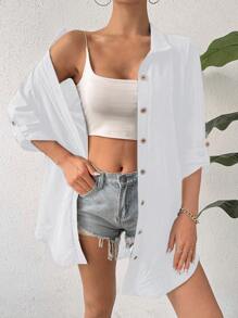 SHEIN Unity Summer Ladies Solid Color Roll-Up Sleeve Open Front Shirt - White - View 6