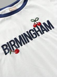 Forever 21 Autumn & Winter New Round Neck Color Block Embroidered Cherry Pattern Fitted All-Match Tee - White - View 3