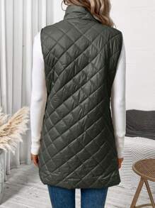SHEIN Clasi Plus Size Casual Solid Color Zip-Up Quilted Padded Vest Coat, Autumn/Winter - Dark Green - View 2