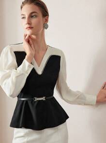 MOTF PREMIUM TWO TONE V-NECK LANTERN SLEEVE PEPLUM TOP WITHOUT BELT