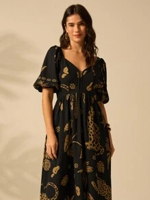 CAJUNI Women's Vacation Boho Casual Beach Tropical  Coconut Tree And Leopard  Prints Half-Sleeved Bishop Sleeve Summer Dress