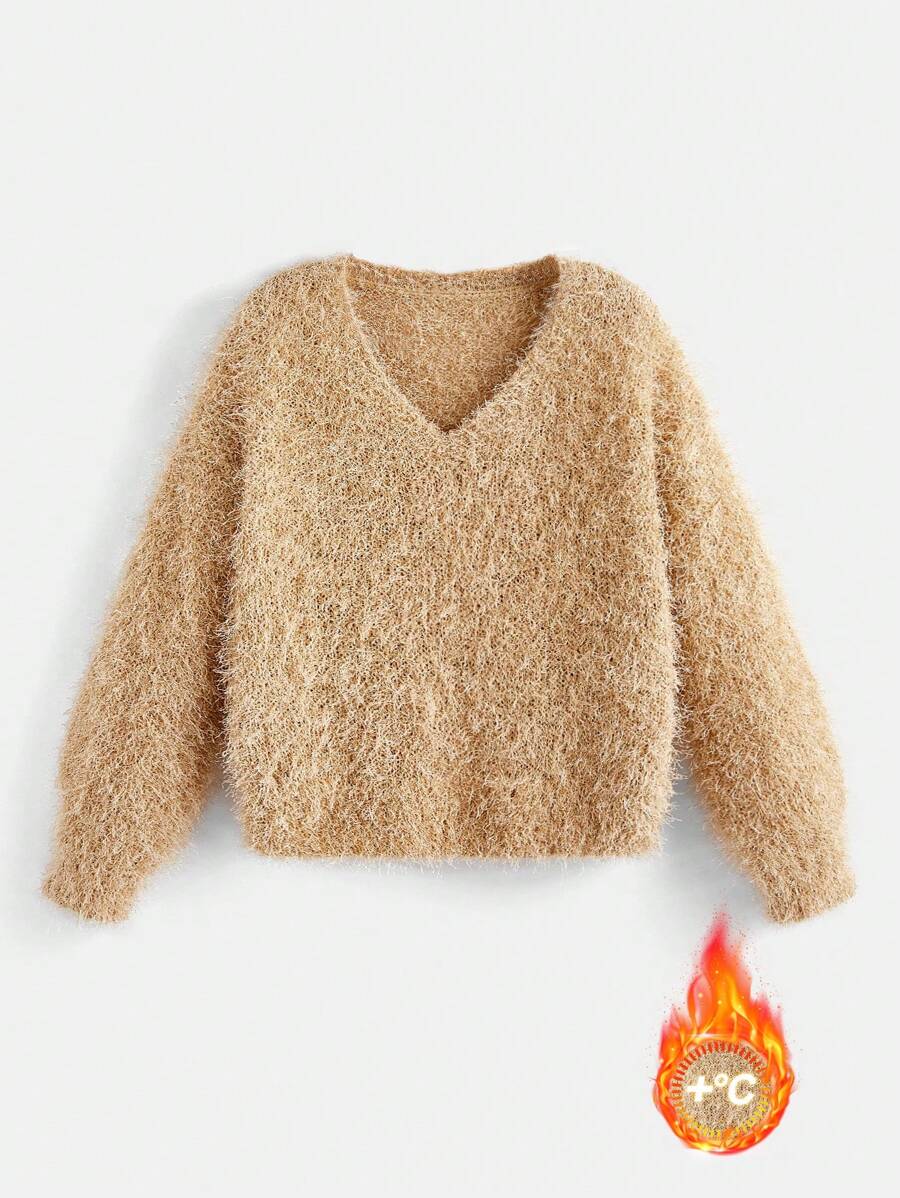 SHEIN MOD Wool Blend Elastic, Plush Pullover Sweater Homecoming Cruise Women Outfits,Country Retro Fall/Winter ,Birthday Women's Sweater, Soft, - Khaki - View 1