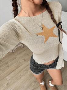 Flirla Women's Round Neck Long Sleeve Star Pattern Sweater, Knit Pullover Fall Winter - Yellow - View 6