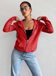 RueChic 100%Cotton Women's Zipper Front Hooded Sweatshirt With Drawstring - Red - View 5