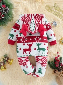 SHEIN Baby Girl Christmas Themed Plush Long Sleeve Footed Jumpsuit Home Outfit Set