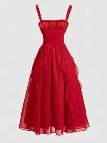 SHEIN Girlism Vestido largo de gasa con volantes y tirantes para niña adolescente, elegante y de color liso