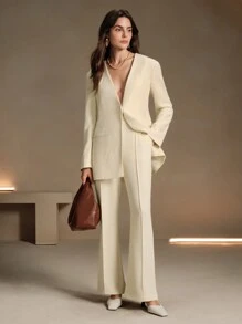 Anewsta New Style Fashion Single-Breasted Collarless Slit Tie Waist Slim Jacket Suit - Apricot - View 7