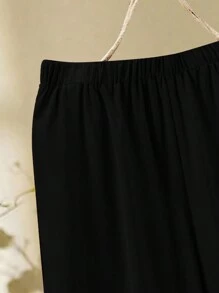 2 件大码女式夏季纯色圆领蝙蝠袖上衣和阔腿裤休闲套装 - 黑色 - 查看 7