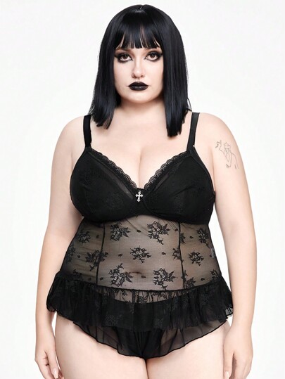 Goth 2 piezas Lencería sexy de talla grande de contraste de encaje oscuro gótico con cruz