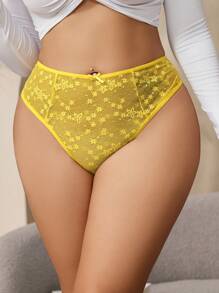 SHEIN 大码蝴蝶结装饰透明蕾丝边丁字裤 - 黃色 - 查看 1