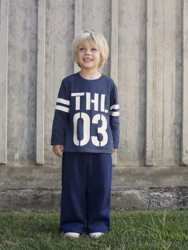 THE HAPPY LOOK Tineri băieți fulger brodate culoare uni tricot talie elastică picior drept pantaloni casual sport în aer liber, toamnă/iarnă